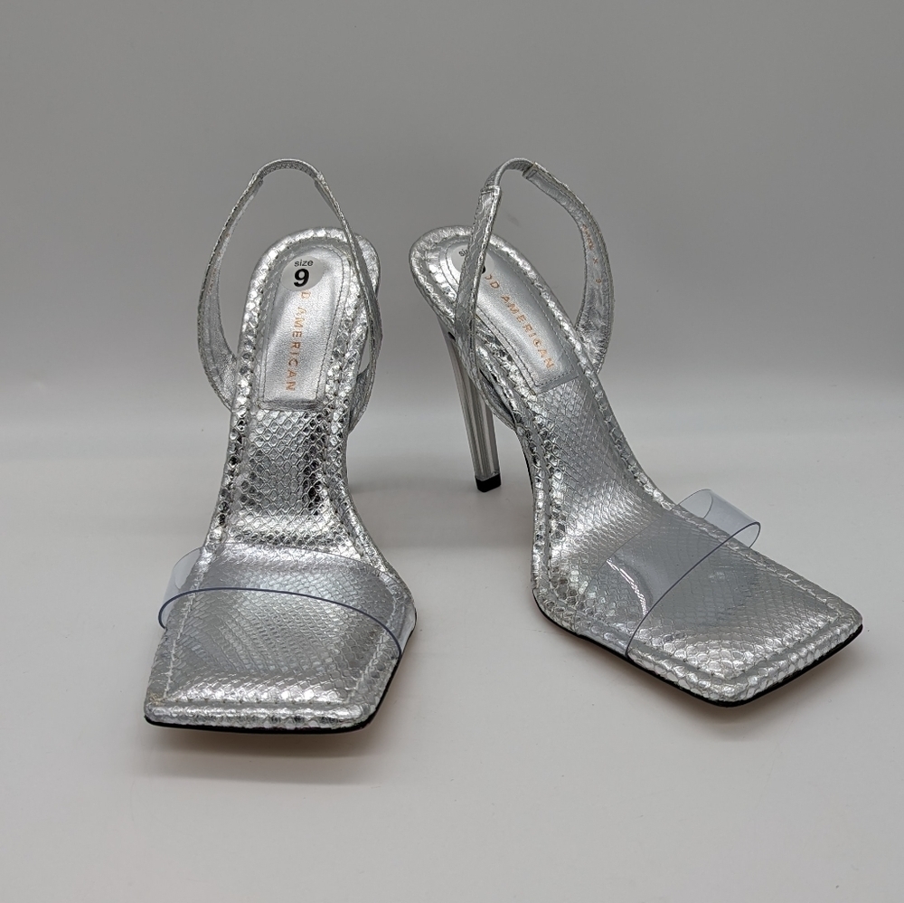 Good American Women’s 9 Open Square Toe Heels Silver Snake Print Shoes GA120L-X